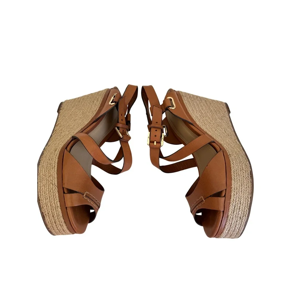 Massimo Dutti Leather Espadrille Wedge Sandals Women 6.5 Tan Coastal Resort